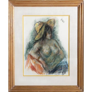 Robert Philipp Seated Nude Woman in Yellow Hat, Pastel Drawing by Robert Philipp circa 1970 For Sale