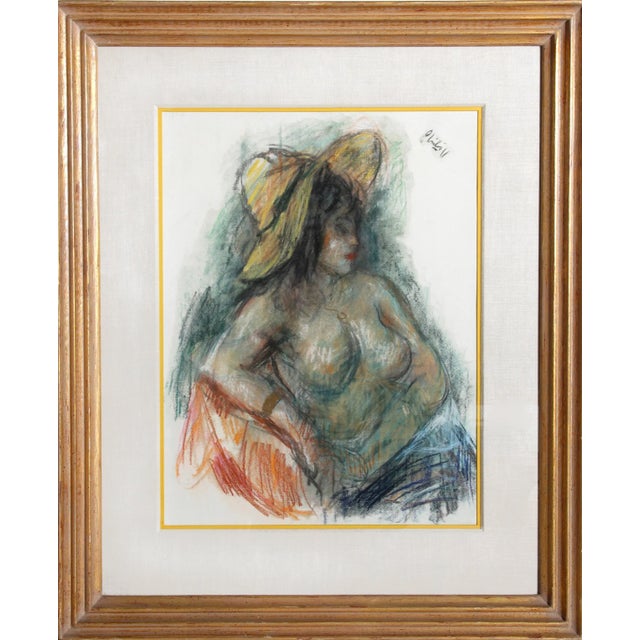 Robert Philipp Seated Nude Woman in Yellow Hat, Pastel Drawing by Robert Philipp circa 1970 For Sale
