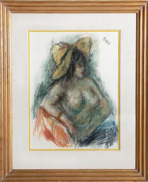 Robert Philipp Seated Nude Woman in Yellow Hat, Pastel Drawing by Robert Philipp circa 1970