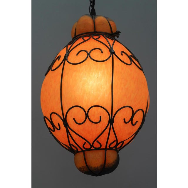 Venetian Style Pâte de Verre Glass Metal Caged Lantern Pendant Light For Sale - Image 10 of 18