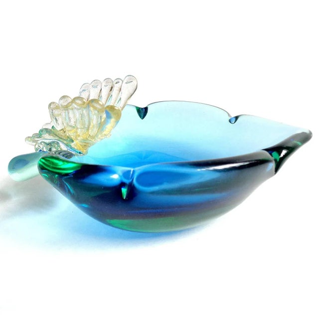 Hollywood Regency Vintage Murano Sommerso Blue Gold Flecks Butterfly Italian Art Glass Decorative Leaf Shape Bowl For Sale - Image 3 of 6