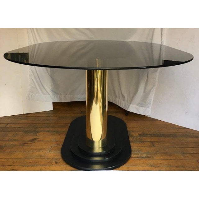 1980s Art Deco Style Oval Smoked Glass And Brass Pedestal Column Dining Table Chairish