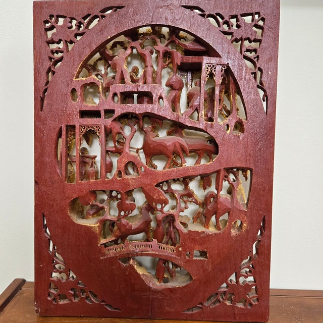 Antique Chinese Giltwood Panel Relief Carving Multi-Layer Landscape Scene Daily Work Life Red Lacquer Borders and Back...