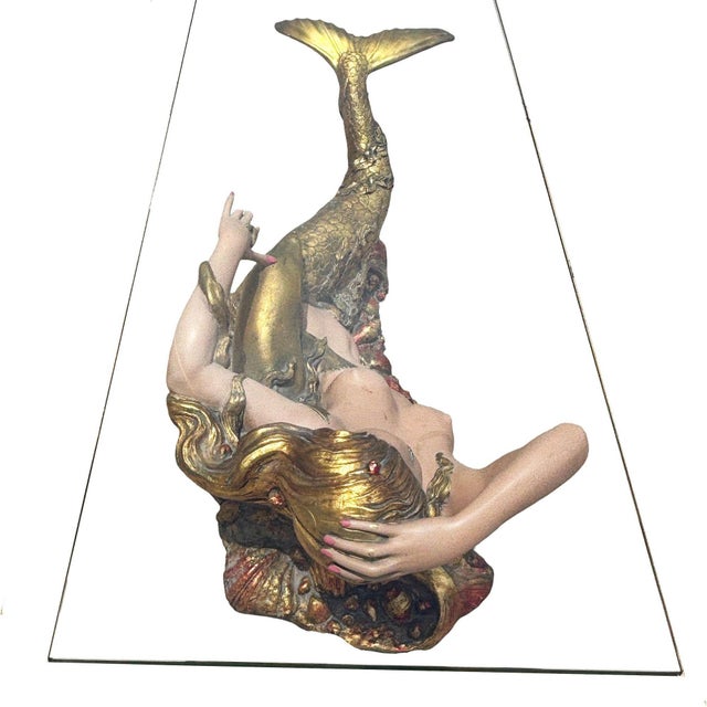 1960s Mid-Century Sculptural Gold Nude Mermaid & Dolphin Coffee Table W/ Glass Top For Sale - Image 5 of 11