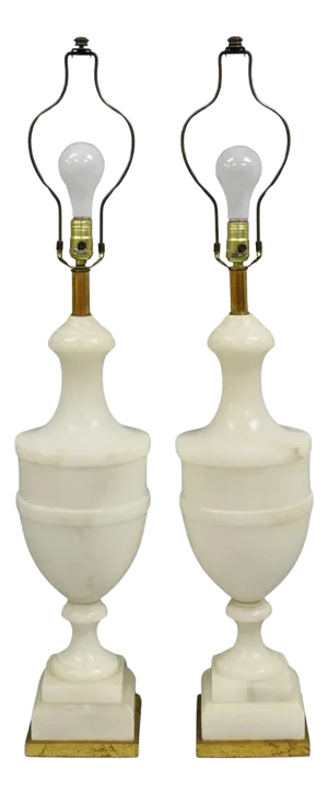 Early 20th Century Italian Neoclassical Large Carved Solid Alabaster Marble Urn Table Lamps - Pair