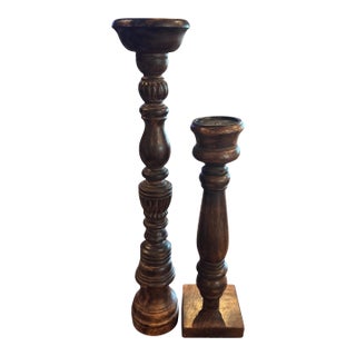 Pair of Oversized Hand-Turned Rustic Wood Candlesticks, 25” & 19” For Sale