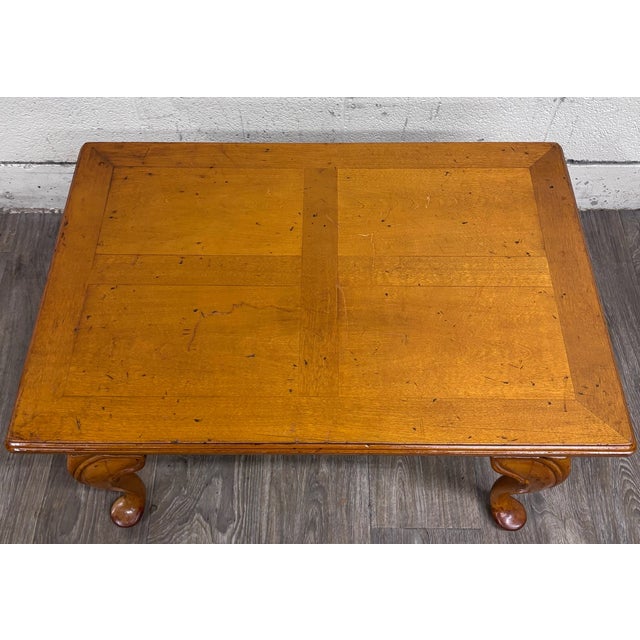 Vintage Queen Anne Style Parquet Style Top Carved Coffee Table W/ Pull Out Tray For Sale - Image 4 of 12