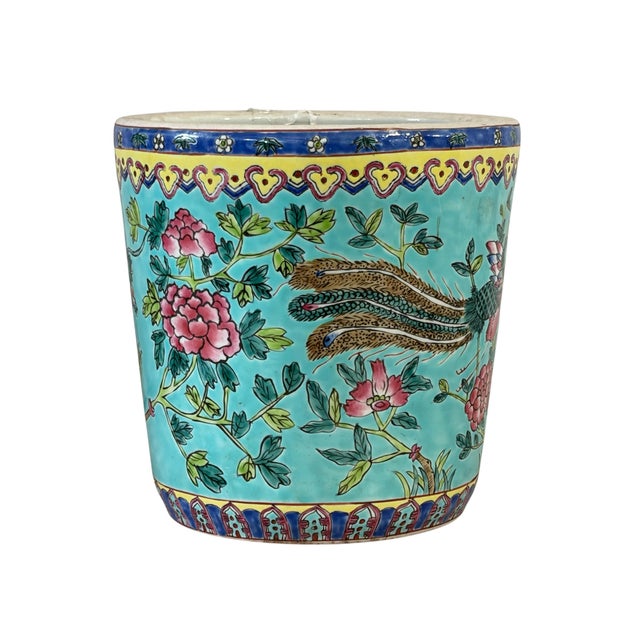 Chinoiserie Antique Chinoiserie Famille Rose Porcelain Jardiniere With Turquoise Glaze 8"h For Sale - Image 3 of 12