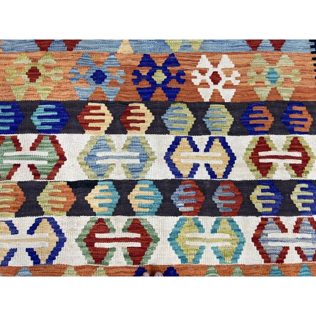 Navy Blue 5'6" X 8'2" Multicolor Afghan Chobi Geometric Wool Flatweave Kilim Rug For Sale - Image 8 of 16
