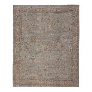 Modern Oushak Rug With Soft Blue-Green Field and Warm Taupe 11'11 X 15'1 For Sale