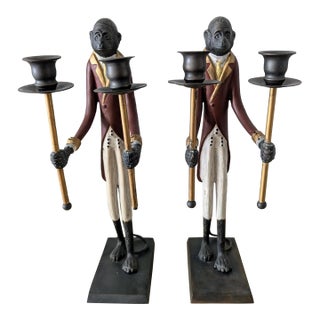 Vintage Antiqued Bronze Metal Monkey Candleholders- Set of 2 For Sale