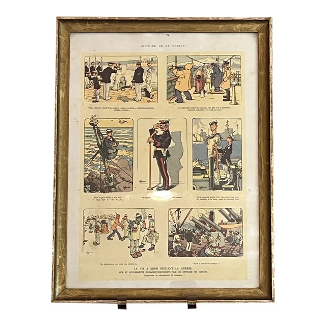 Antique WWI French Naval Cartoon Lithograph Henri Gerbault Marine Life Framed For Sale