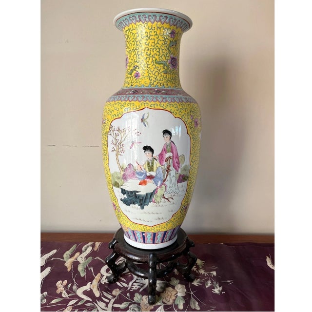 Ceramic Mid 20th Century 18" Chinese Famille Jaune Porcelain Vase - Hand Painted Maiden Scene For Sale - Image 7 of 9