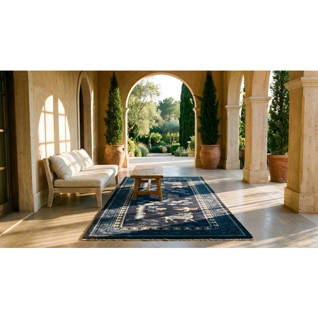 Navy Blue Attractive Navy Background Color With Delicate Geometric Design Antique Chinese BaoTou Rug For Sale - Image 8 of 8