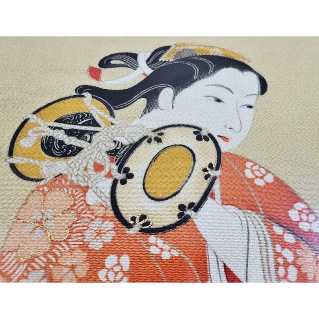 Vintage 20th C Asian Framed Under Glass Geisha in Kimono Painting on Silk For Sale - Image 4 of 12