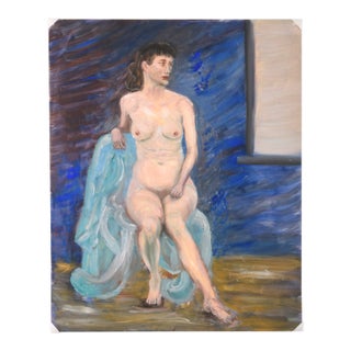 Woman in a Blue Chair, Mid Century Nude Figure Painting by Genevieve Rogers For Sale