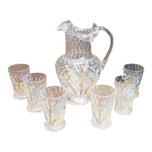 Early 20th Century Bohemian Moser Hand Painted Pattern Pitcher and 6 Glasses
