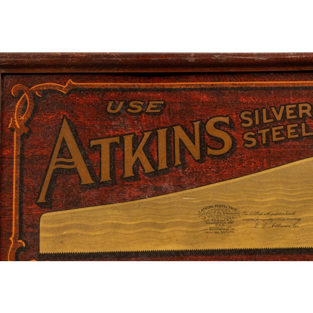 American Early 20th Century Framed Atkins Silver Steel Saws Painted Tin Sign For Sale - Image 3 of 8