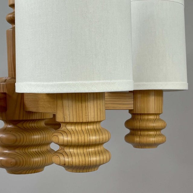 Scandinavian Pine & Fabric 5-Light Chandelier, Sweden, 1970s For Sale - Image 12 of 17