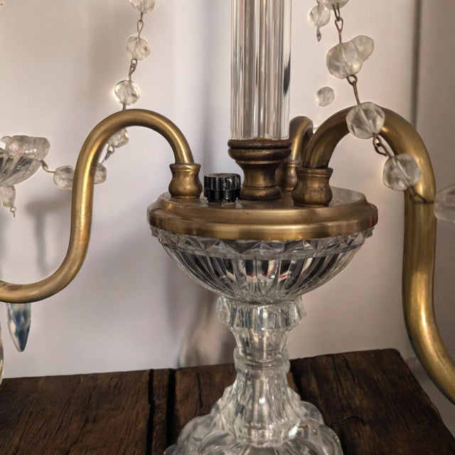 White Girandole Table Lamp or Candelabra. 1940's Original Czechoslovakian Crystals With Bulbous Base, Rewired For Sale - Image 8 of 9