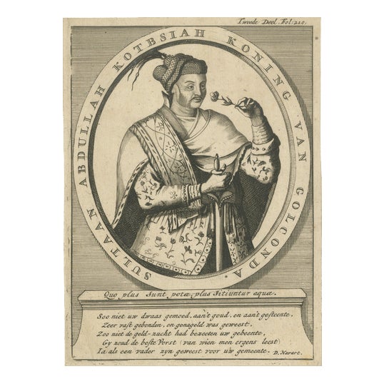 After Havart, Abdullah Qutb Shah, King of Golconda Portrait, Engraving, 1700 For Sale
