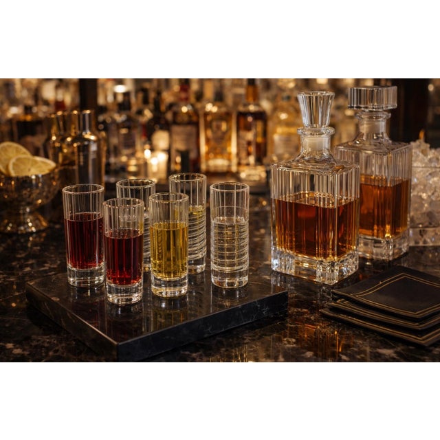 Bring a touch of Palm Beach glamour to your bar cart with this beautifully curated set of eight vintage crystal barware...