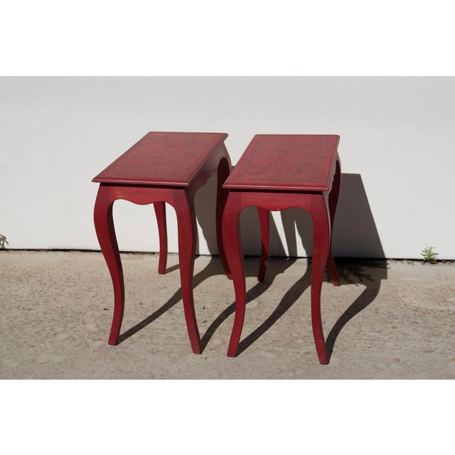 A pair of custom handcrafted end tables in the French Louis XV tradition, made by a Southern California craftsman. The...