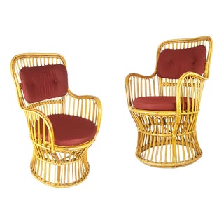 Mid-Century Italian Rattan Armchairs with Burgundy Wool Seats and Backs, 1960s, Set of 2 For Sale