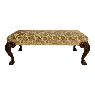 Chippendale Style Hand-Carved Mahogany and Velvet Damask Bench For Sale