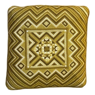 1960s-70s Olive Needlepoint Velvet-Back Pillow For Sale