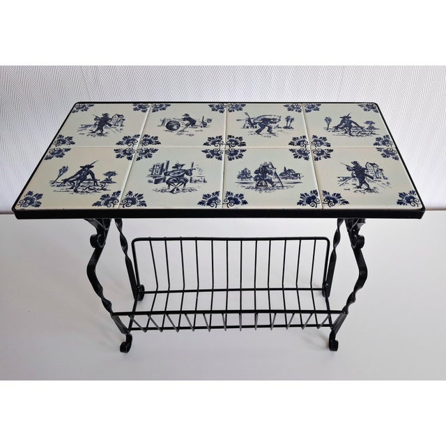 Delft Dutch Delft Tile Magazine Rack, Vintage Wrought Iron & Ceramic Tile Table, 1950s For Sale - Image 4 of 11
