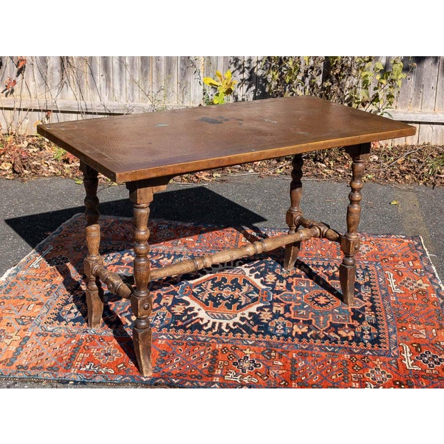 Wood Early 20th Century Arts and Crafts Copper Clad Top Spanish Jacobean Revival Sofa Table For Sale - Image 7 of 18