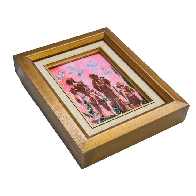 A striking vintage abstract figural artwork featuring a group of elongated human figures rendered in rich brown tones...