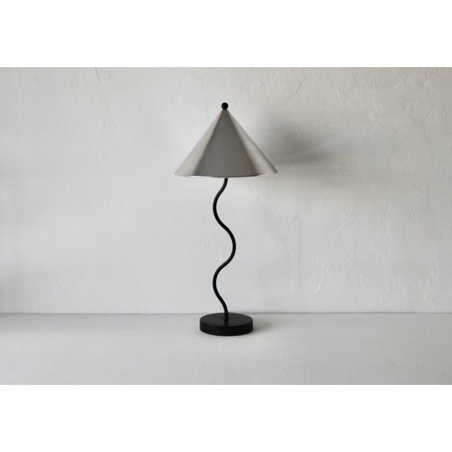 1980s 1980s Memphis School Style Squiggle Lamp Black Table Lamp Silver Cone Shade Vintage Post Modern For Sale - Image 5 of 16