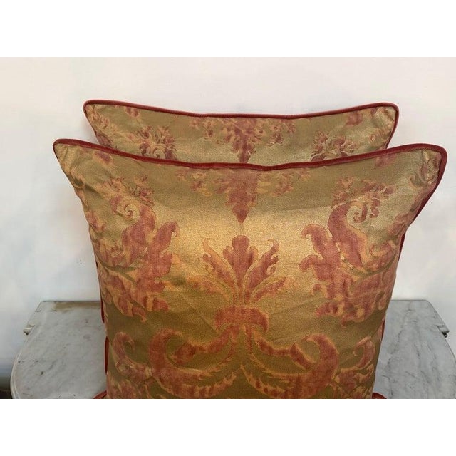 Brass Custom Mariano Fortuny Pillows in Antique Gold & Coral Damask For Sale - Image 8 of 16