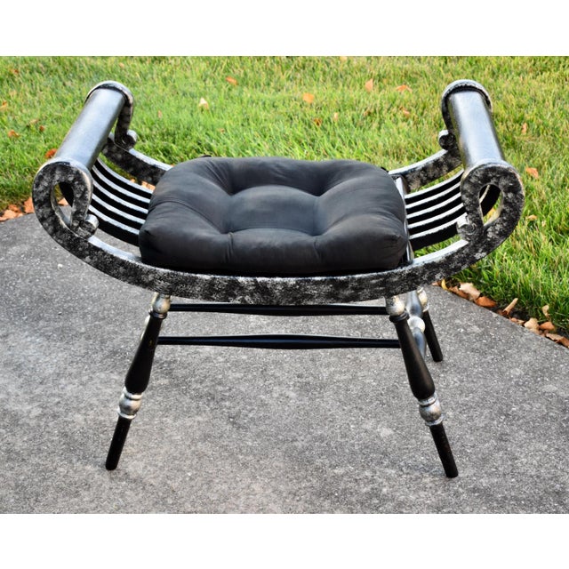 Wood Curule Vanity Stool Bench Roman Slatted Saddle Seat Chair Hollywood Regency For Sale - Image 7 of 14