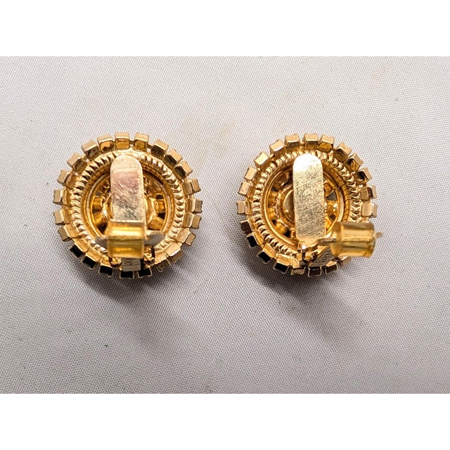 Gold Vintage 1960s Signed Hobe Round Goldtone Red Aurora Borealis & Clear Rhinestone Clip Earrings-2 Pieces For Sale - Image 8 of 8