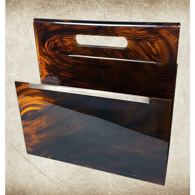 Late 20th Century Willy Rizzo Style Italian Tortoiseshell Plexiglass and Brass Magazine Rack For Sale - Image 12 of 18
