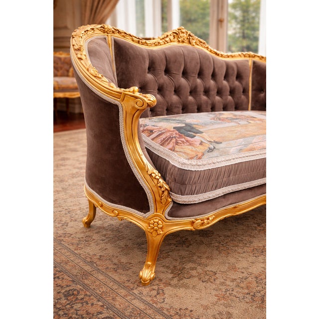 1950s French Louis XVI Gold Velvet Beech Settee 1 Pc For Sale - Image 11 of 12