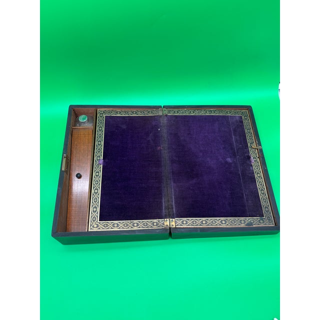 Antique Victorian Writing Slope Lap Desk Portable Box Velvet Interior W/ Key For Sale In New York - Image 6 of 12