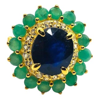 Bochic “Orient” Vintage Diamond, Blue Sapphire & Emerald Ring Set In 18K Gold & For Sale