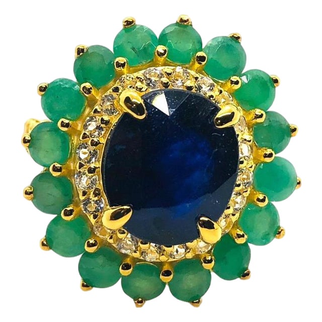 Bochic “Orient” Vintage Diamond, Blue Sapphire & Emerald Ring Set In 18K Gold & For Sale