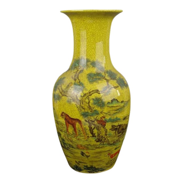 Chinese Ceramic Qing Dynasty Qianlong Marked Yellow Ground Crackle Glaze Porcelain Vase Hand Painted Twelve Chinese Zodiac Signs Pattern For Sale