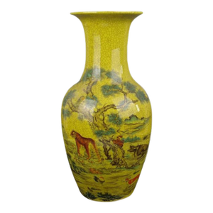 Chinese Ceramic Qing Dynasty Qianlong Marked Yellow Ground Crackle Glaze Porcelain Vase Hand Painted Twelve Chinese Zodiac Signs Pattern