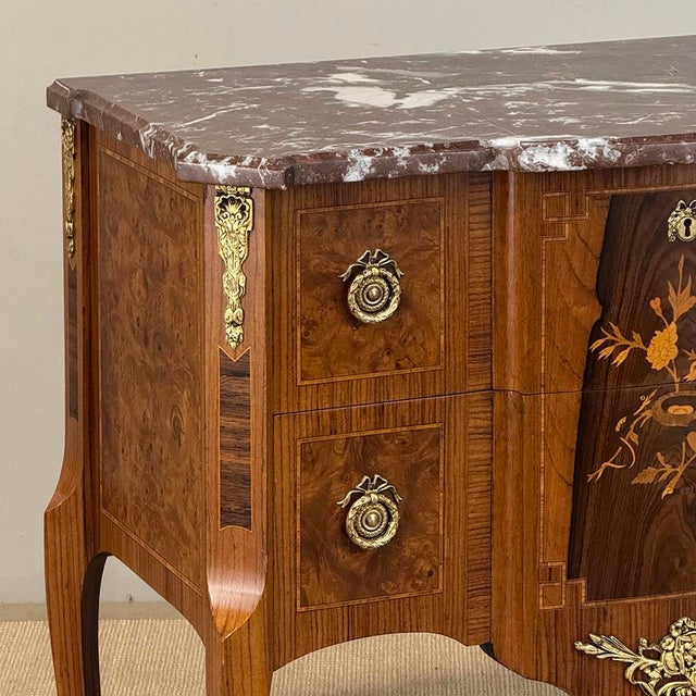 Mid 20th Century Antique French Louis XVI Marquetry Rouge Marble Top Commode For Sale - Image 5 of 18