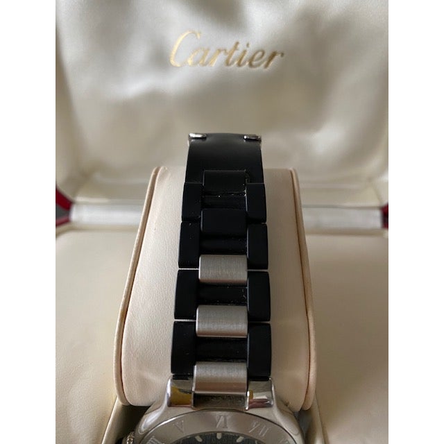 Metal Vintage Collector-Grade Cartier 21 Must De Cartier Autoscaph Stainless Steel Watch W. Sapphire Cabochon, Unisex, Full Set/Orig. Box/Paper For Sale - Image 7 of 7