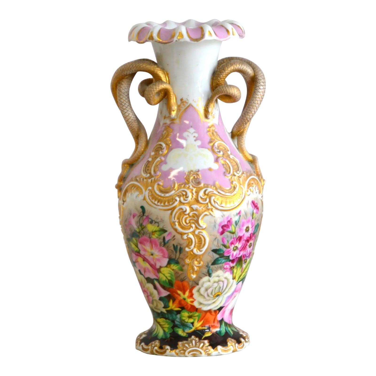 Late 19th Century Snake Handle Porcelain Vase With Hand Painted