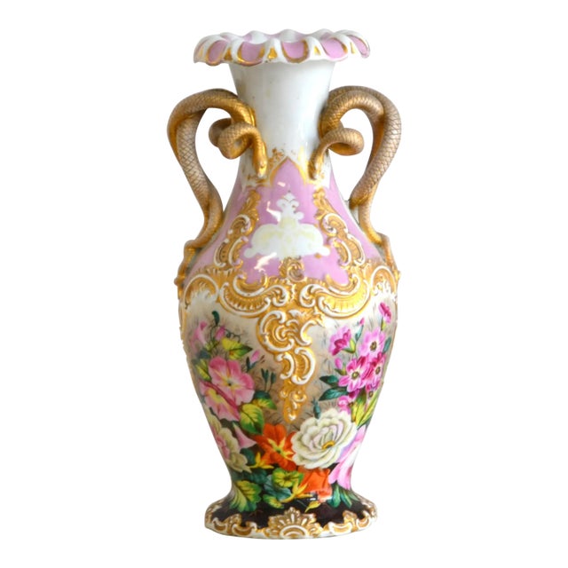 Late 19th Century Snake Handle Porcelain Vase With Hand Painted Flowers and Gold Decoration Jacob Petit Manner For Sale