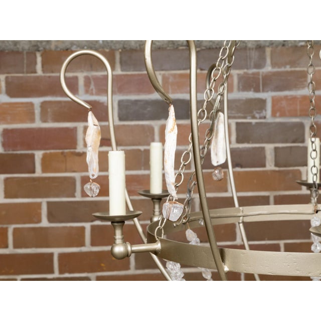 Vintage Rock Crystal, Oyster and Steel Basket Six-Light Chandelier, US Wired For Sale - Image 4 of 12