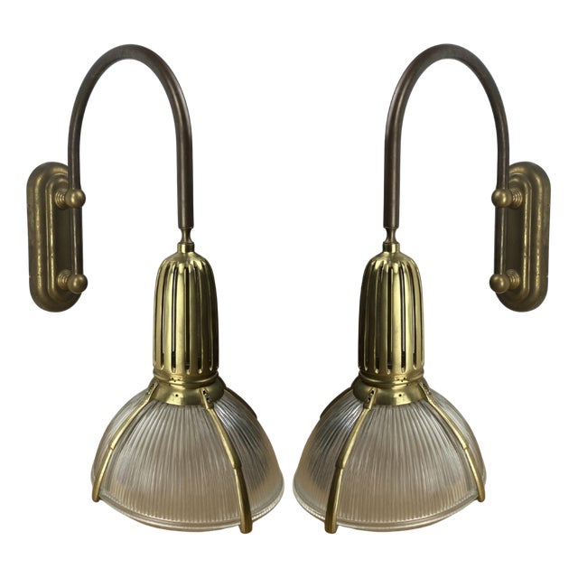 Art Deco Holophane Cut Glass and Brass Wall Lamps, 1970s, Set of 2 For Sale